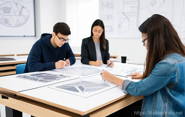 제품디자인 자격증 취득 시 유리한 학력 - **Prompt 1: "A diverse group of young adult product design students, both male and female, are deepl...