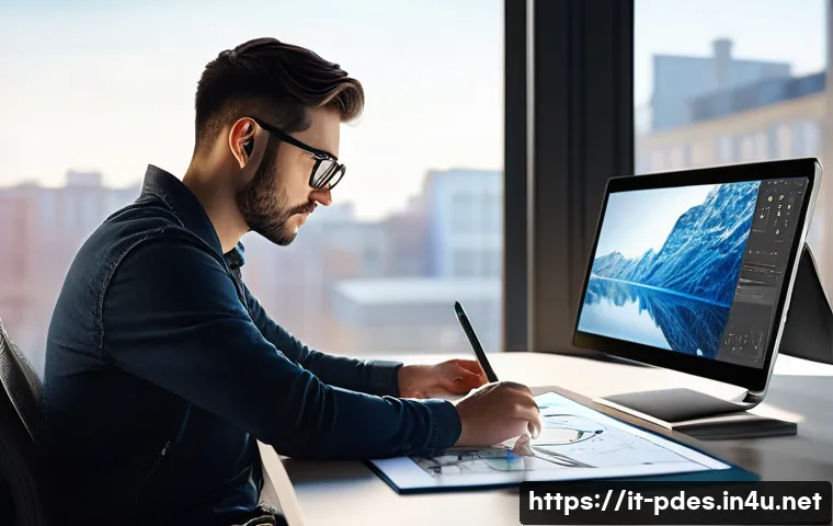 제품디자인 실무에서 필요한 소프트웨어 - A modern product design studio environment showcasing a designer using a high-end graphic tablet and...