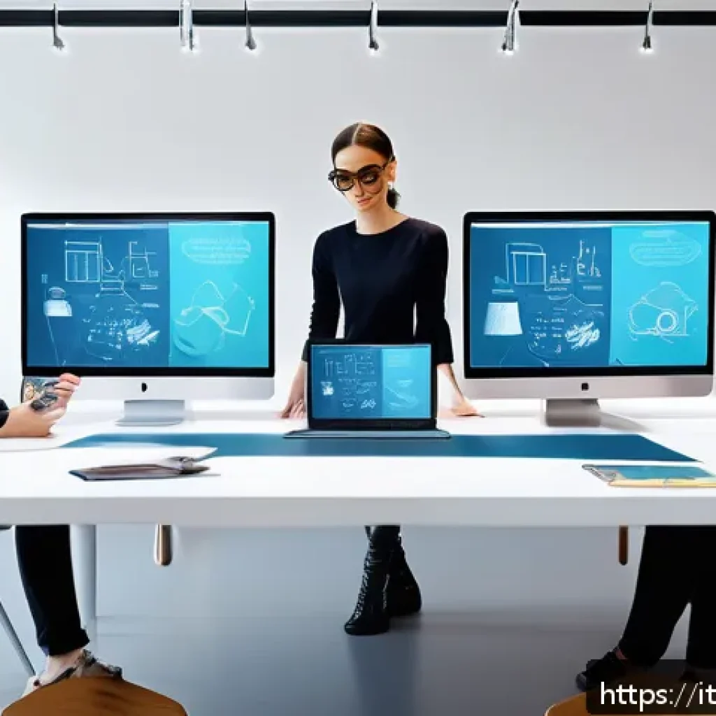 제품디자인 관련 업무 일상 브이로그 - A modern design studio scene showing a diverse team of creative professionals collaborating around a...
