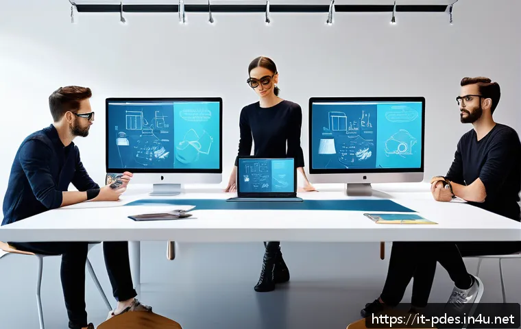 제품디자인 관련 업무 일상 브이로그 - A modern design studio scene showing a diverse team of creative professionals collaborating around a...