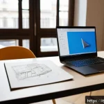 Home 19 제품디자인 자격증으로 이직 성공하기 - A modern product designer workspace in Milan, Italy, featuring a sleek desk with a high-end laptop d...