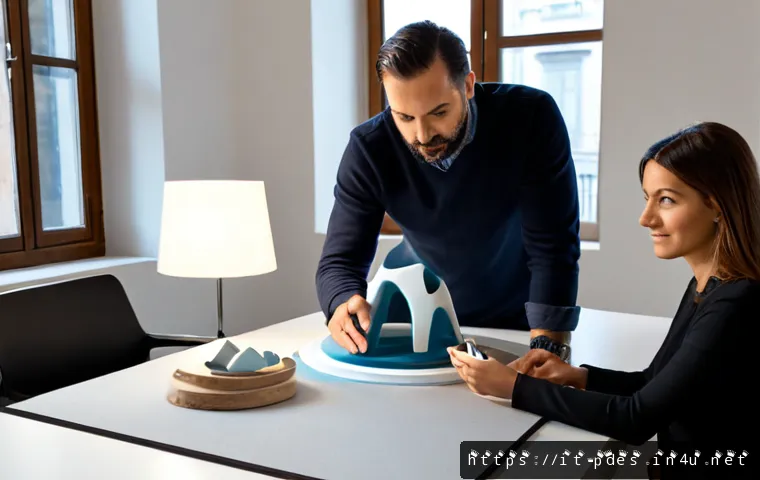 제품디자인 자격증 활용 사례 - Photorealistic Italian product designer in a bright Milan-style studio presenting a refined tabletop...
